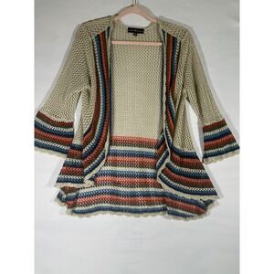 Almost Famous Crochet Knit Open Front Cardigan Women Multi Stripe Bell Sleeve XL